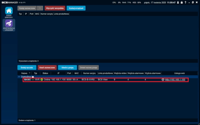 Dodawanie urządzeń z serii Point/Line/Basic/View do BCS Manager'a