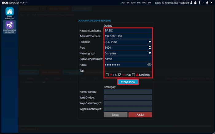 Dodawanie urządzeń z serii Point/Line/Basic/View do BCS Manager'a