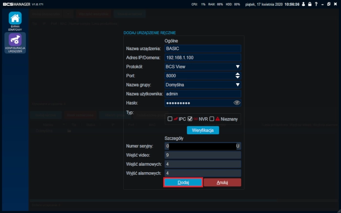 Dodawanie urządzeń z serii Point/Line/Basic/View do BCS Manager'a